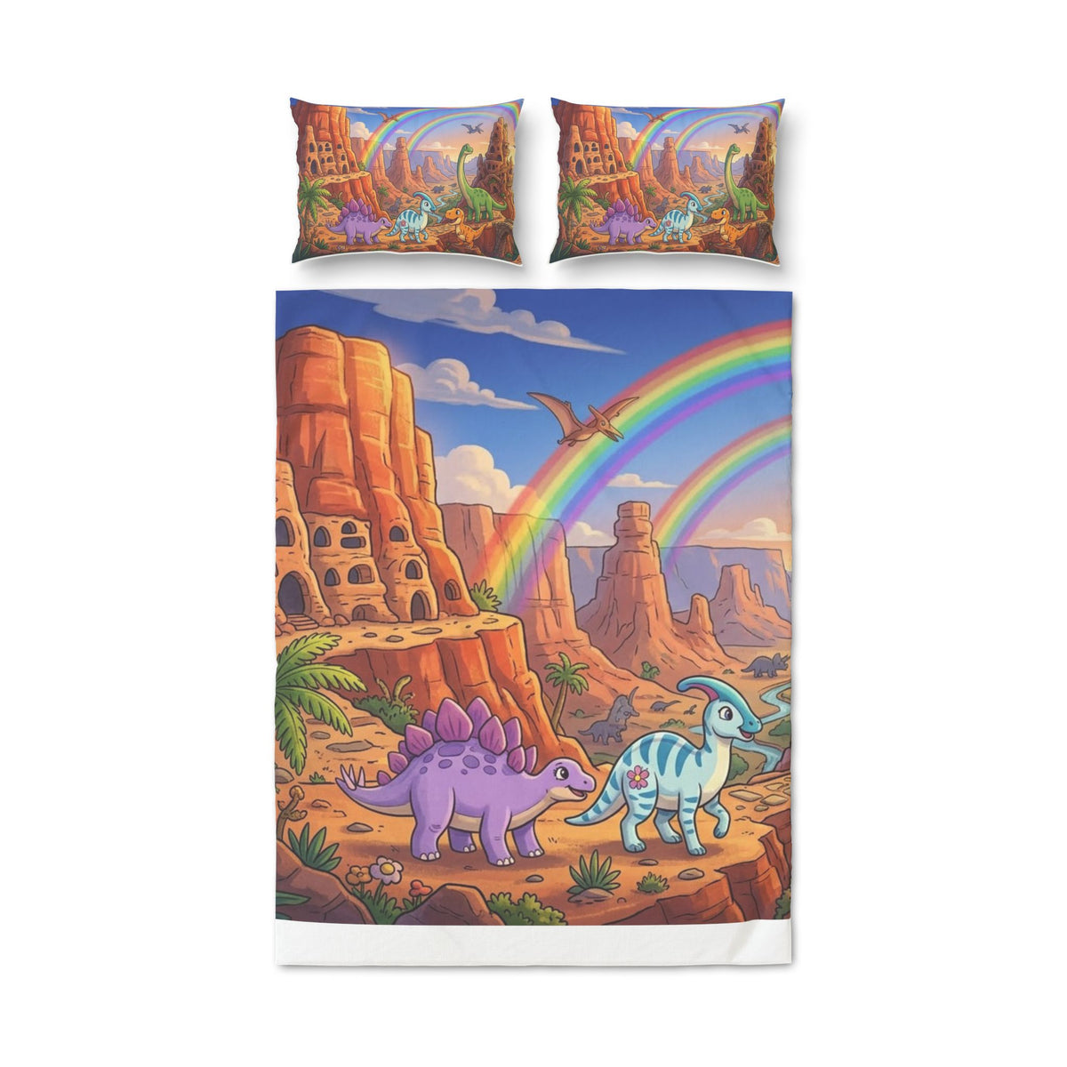 Dinosaur Rainbow Quilt Cover Set – 3-Piece Kids Bedding