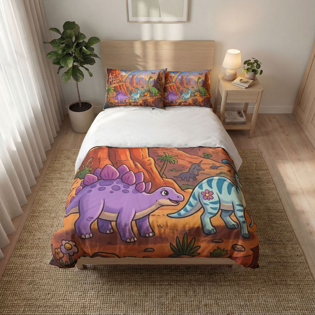 Dinosaur Rainbow Quilt Cover Set – 3-Piece Kids Bedding