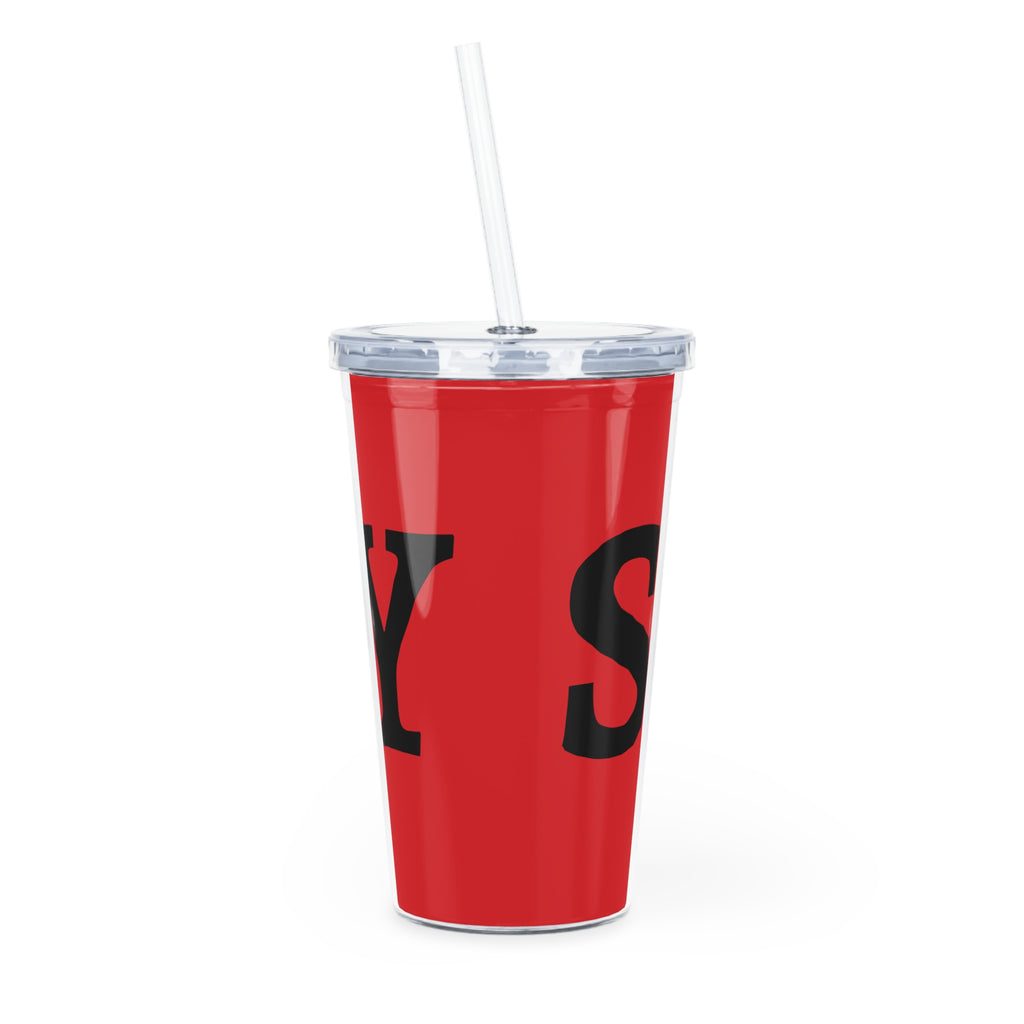 Red Script Tumbler "SLAY" – Bold Black Lettering Reusable Cup with Straw