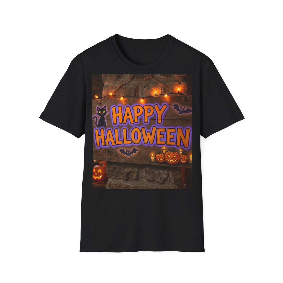 Halloween Graphic T-Shirt — "Happy Halloween" Pumpkin & Cat Design