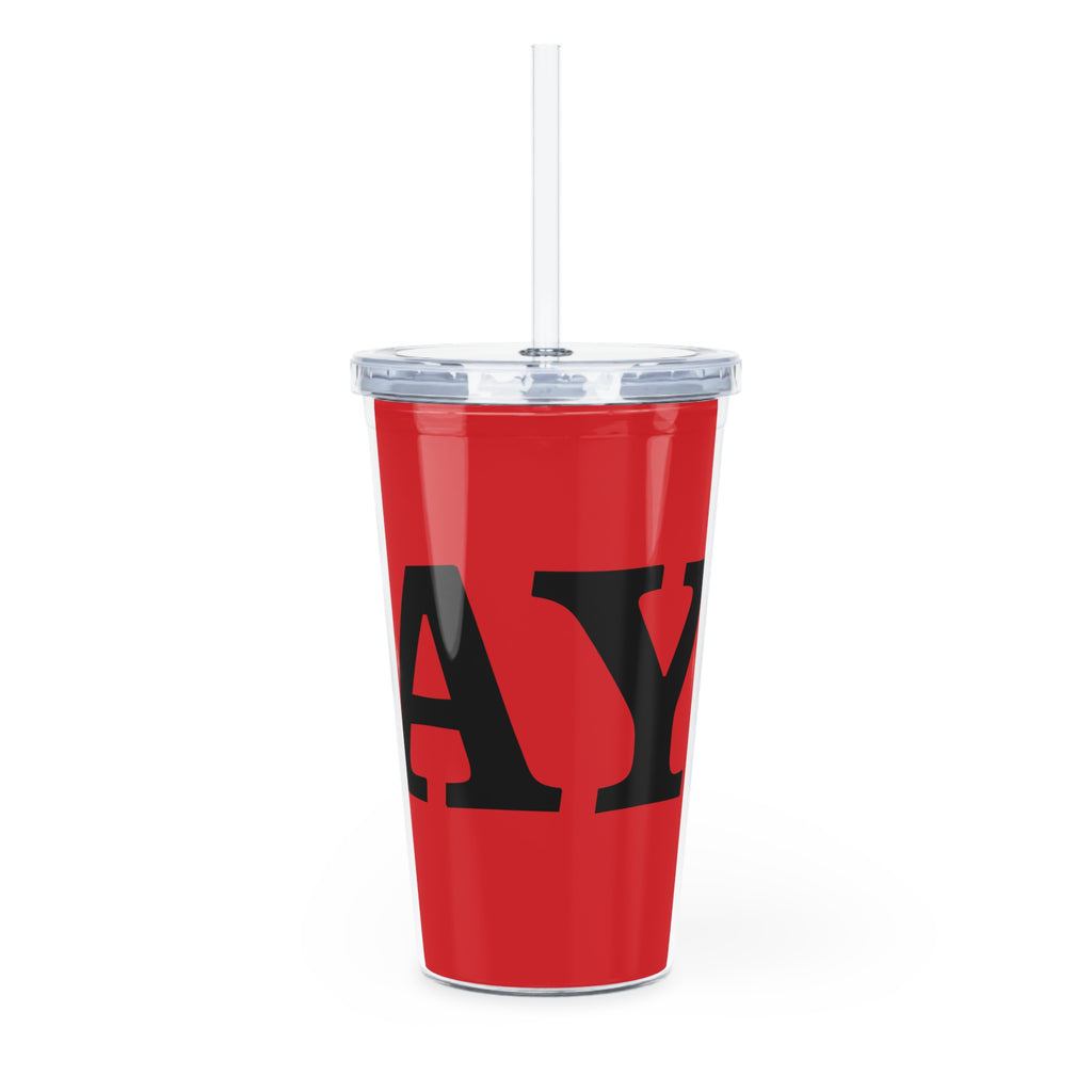 Red Script Tumbler "SLAY" – Bold Black Lettering Reusable Cup with Straw
