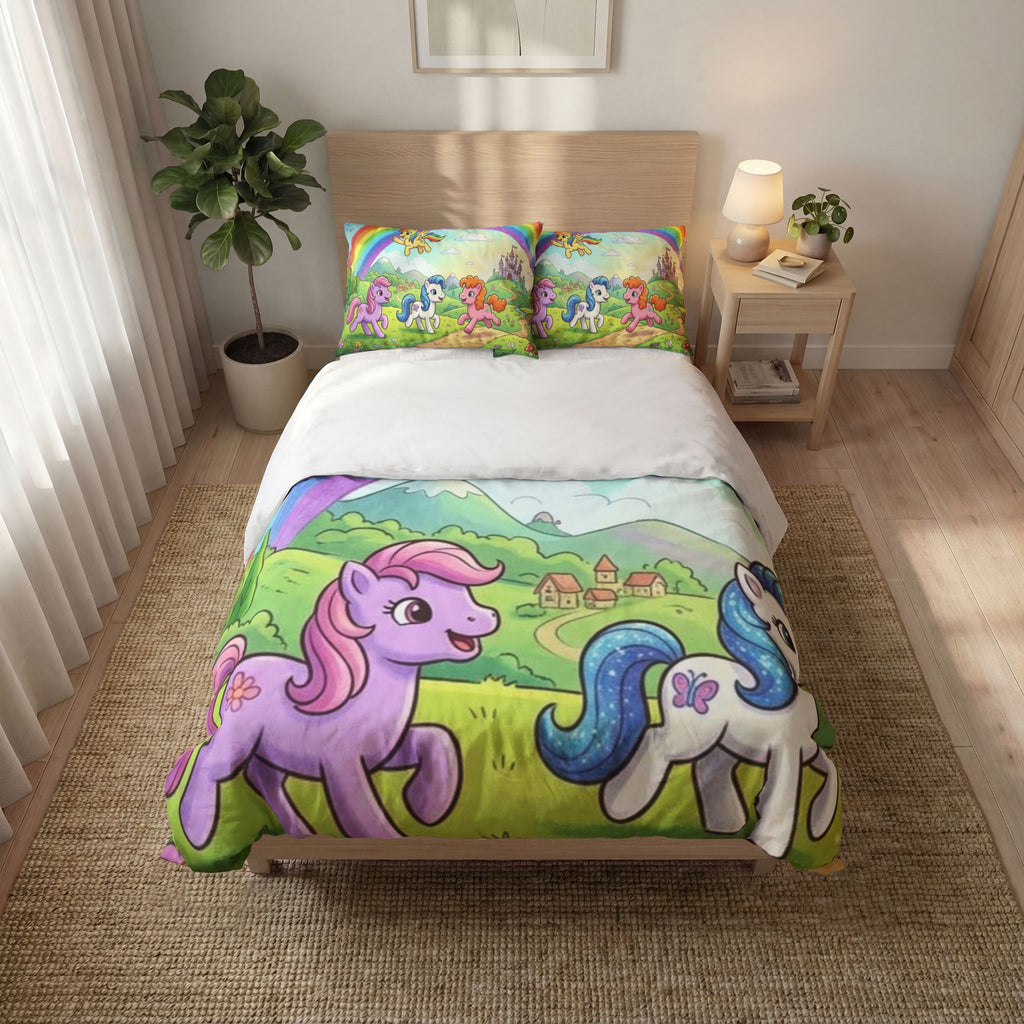 Rainbow Pony Quilt Cover Set — Cute Kids Bedspread with Unicorn Ponies