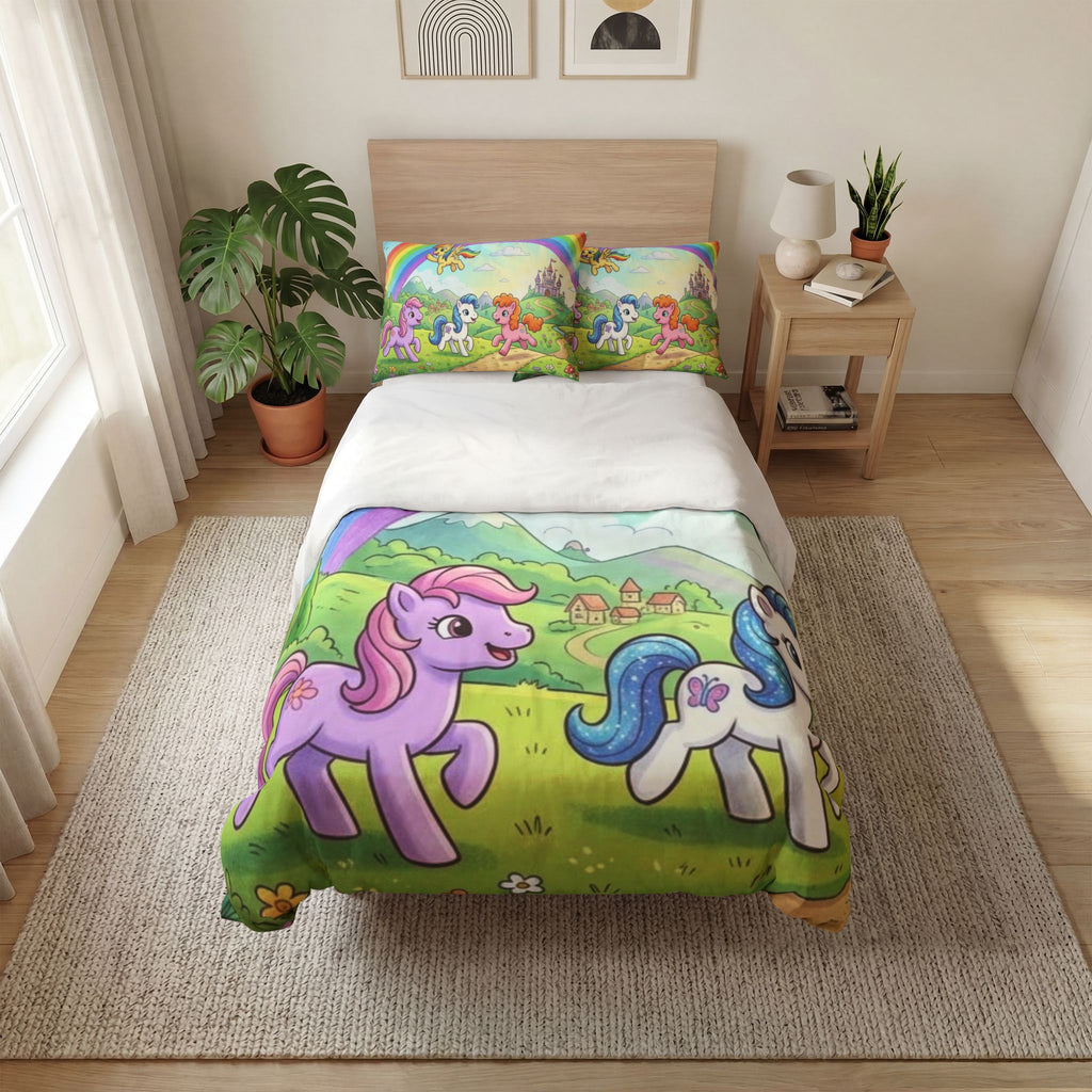 Rainbow Pony Quilt Cover Set — Cute Kids Bedspread with Unicorn Ponies