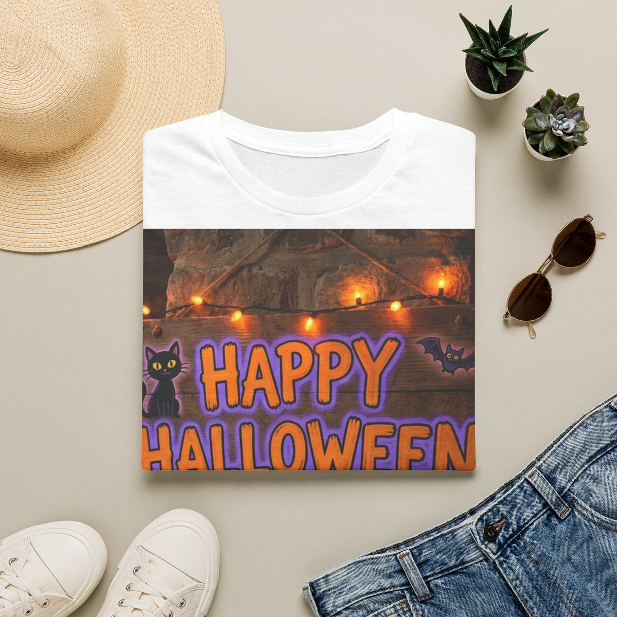 Halloween Graphic T-Shirt — "Happy Halloween" Pumpkin & Cat Design