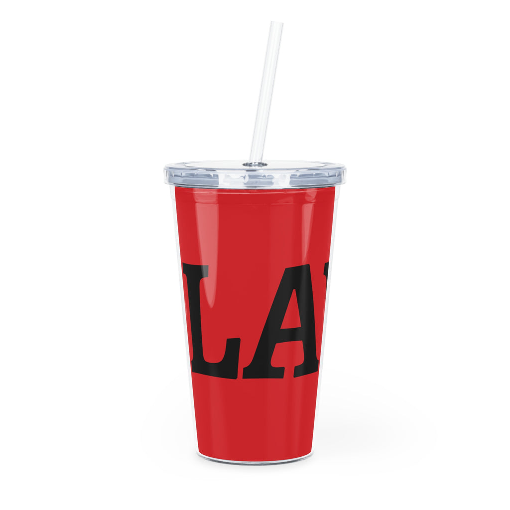 Red Script Tumbler "SLAY" – Bold Black Lettering Reusable Cup with Straw