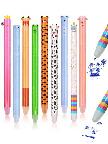 Blau-9PCs Color Erasable Gel Pens Set of 5 With Cute Animal & Astronaut