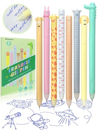 Blau-8PCs Color Erasable Gel Pens Set of 5 With Cute Animal & Astronaut