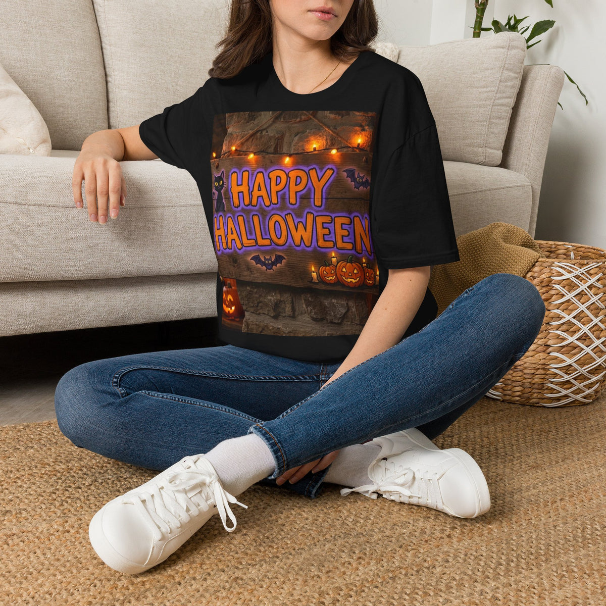Halloween Graphic T-Shirt — "Happy Halloween" Pumpkin & Cat Design