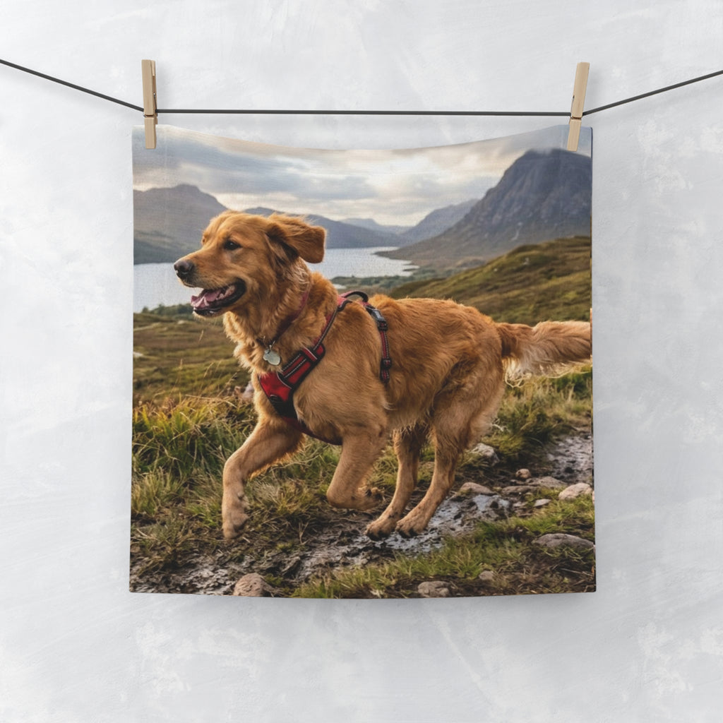 Golden Retriever Hiking Face Towel — Scenic Dog Photo Microfiber Washcloth