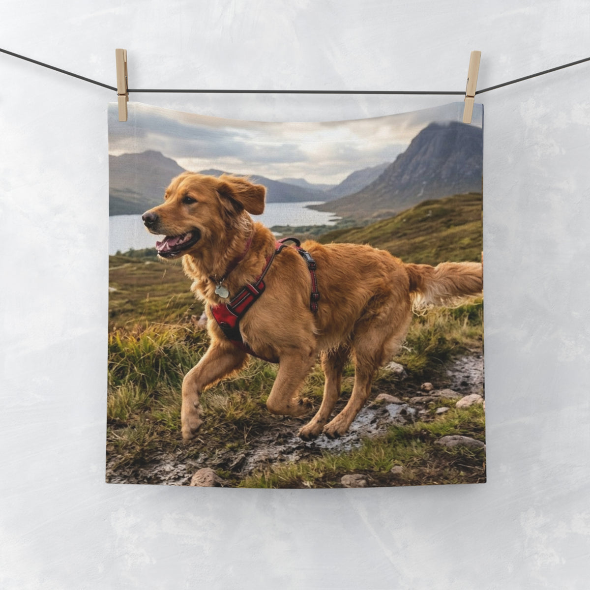 Golden Retriever Hiking Face Towel — Scenic Dog Photo Microfiber Washcloth