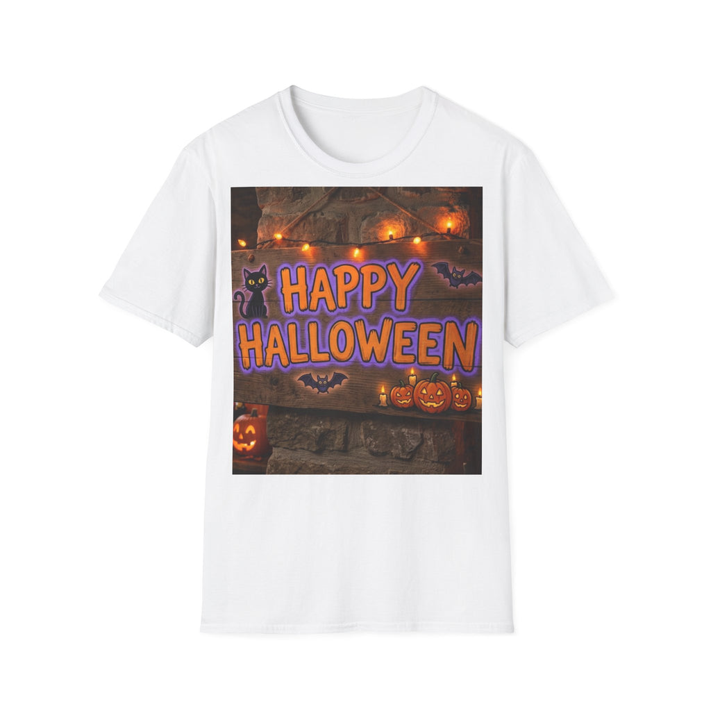 Halloween Graphic T-Shirt — "Happy Halloween" Pumpkin & Cat Design