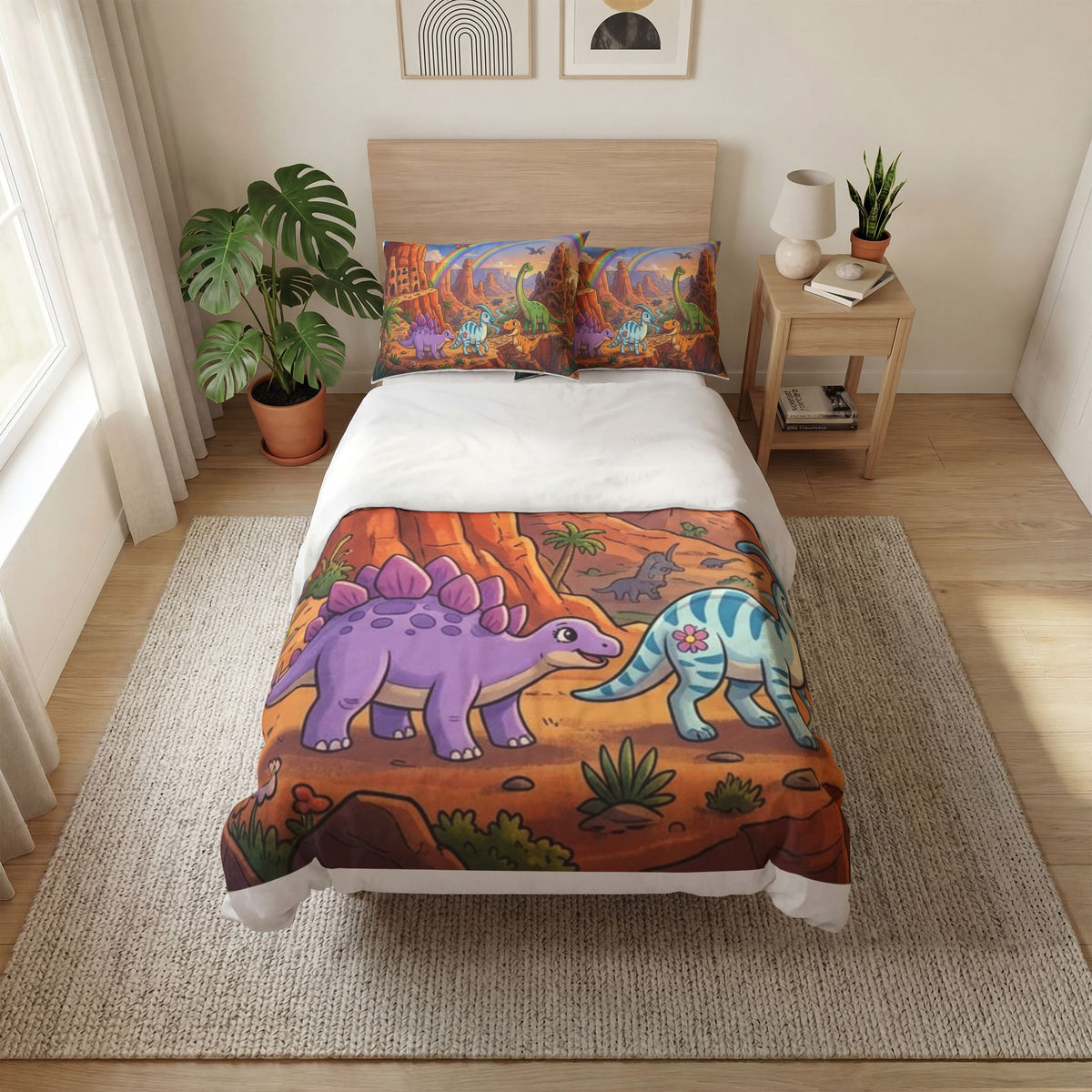 Dinosaur Rainbow Quilt Cover Set – 3-Piece Kids Bedding