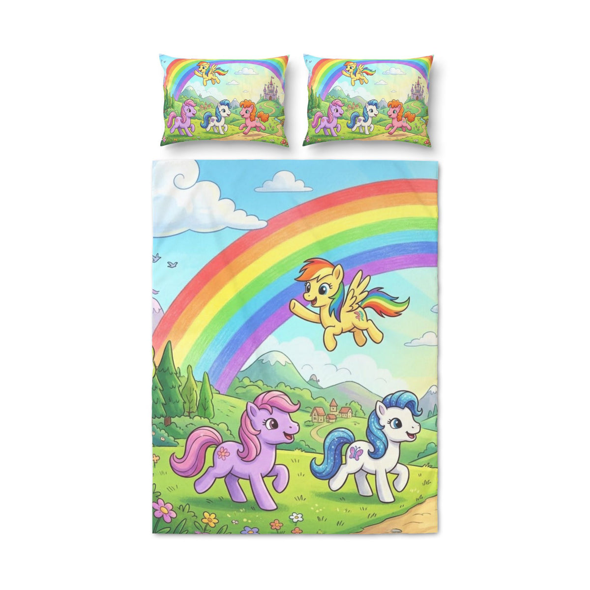 Rainbow Pony Quilt Cover Set — Cute Kids Bedspread with Unicorn Ponies