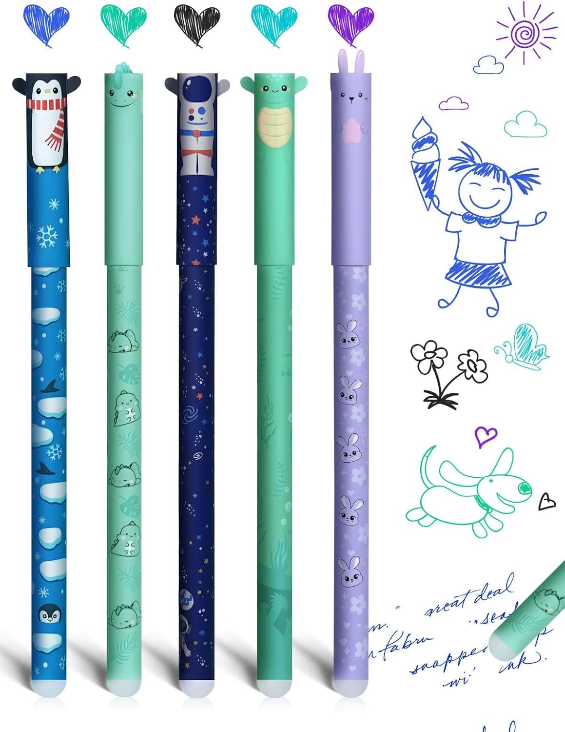 Erasable Gel Pens Set of 5 With Cute Animal & Astronaut