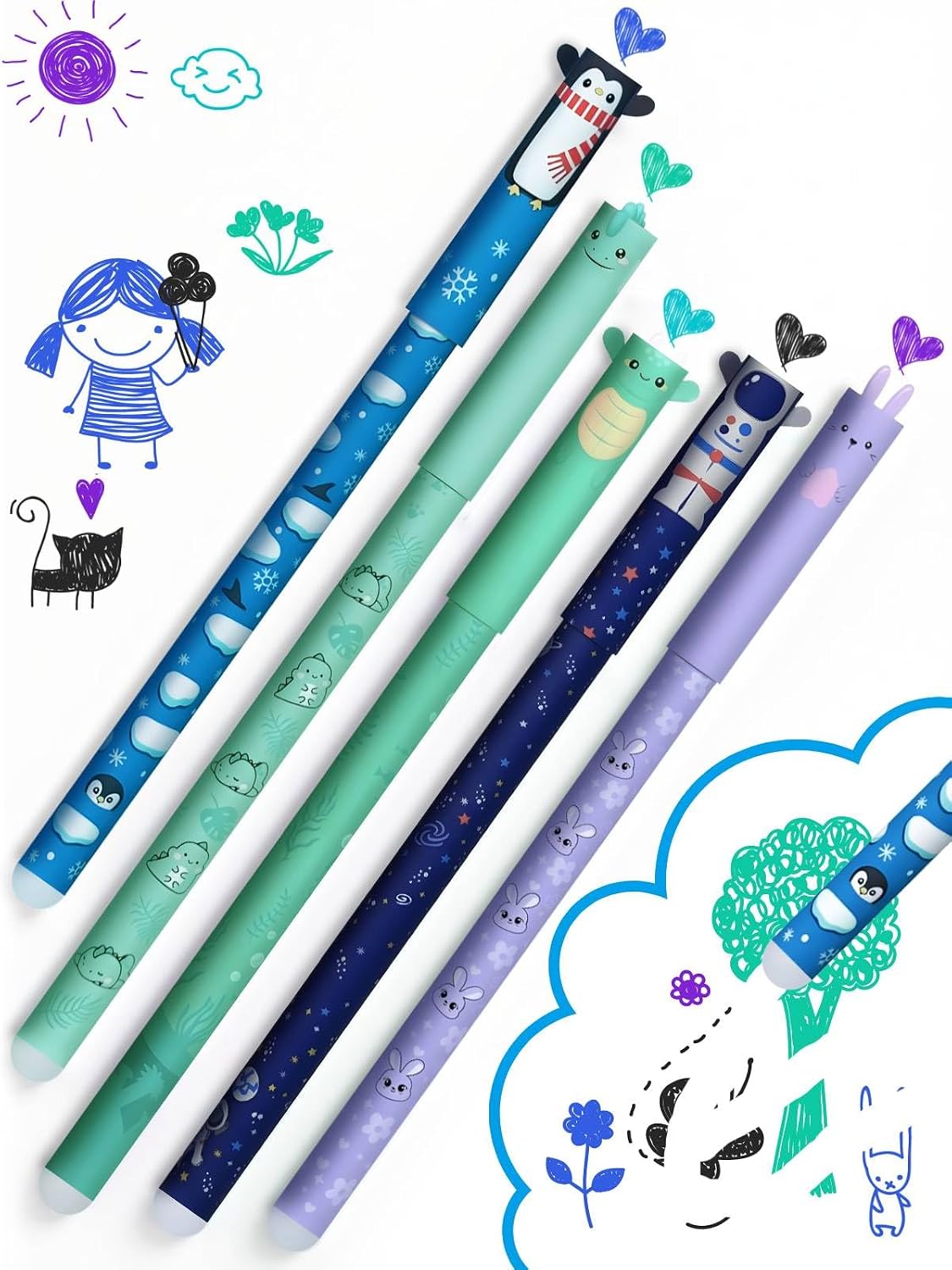 Erasable Gel Pens Set of 5 With Cute Animal & Astronaut