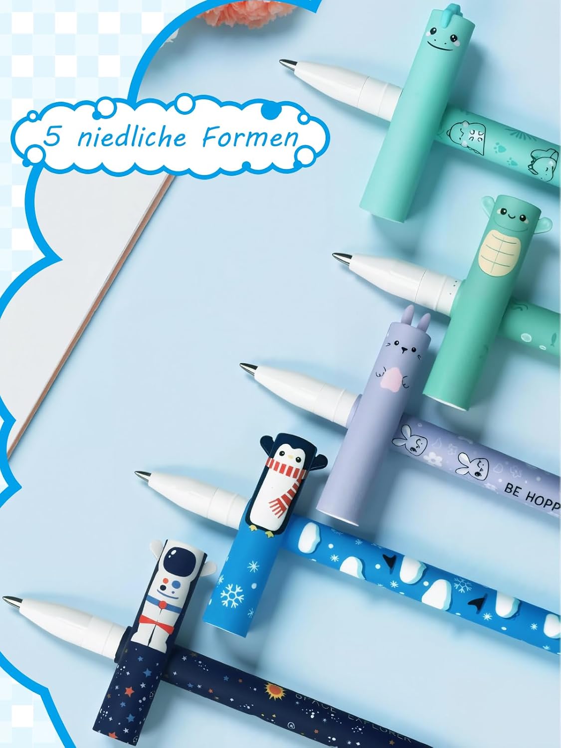 Erasable Gel Pens Set of 5 With Cute Animal & Astronaut