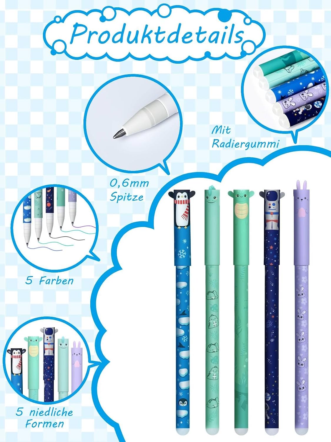 Erasable Gel Pens Set of 5 With Cute Animal & Astronaut