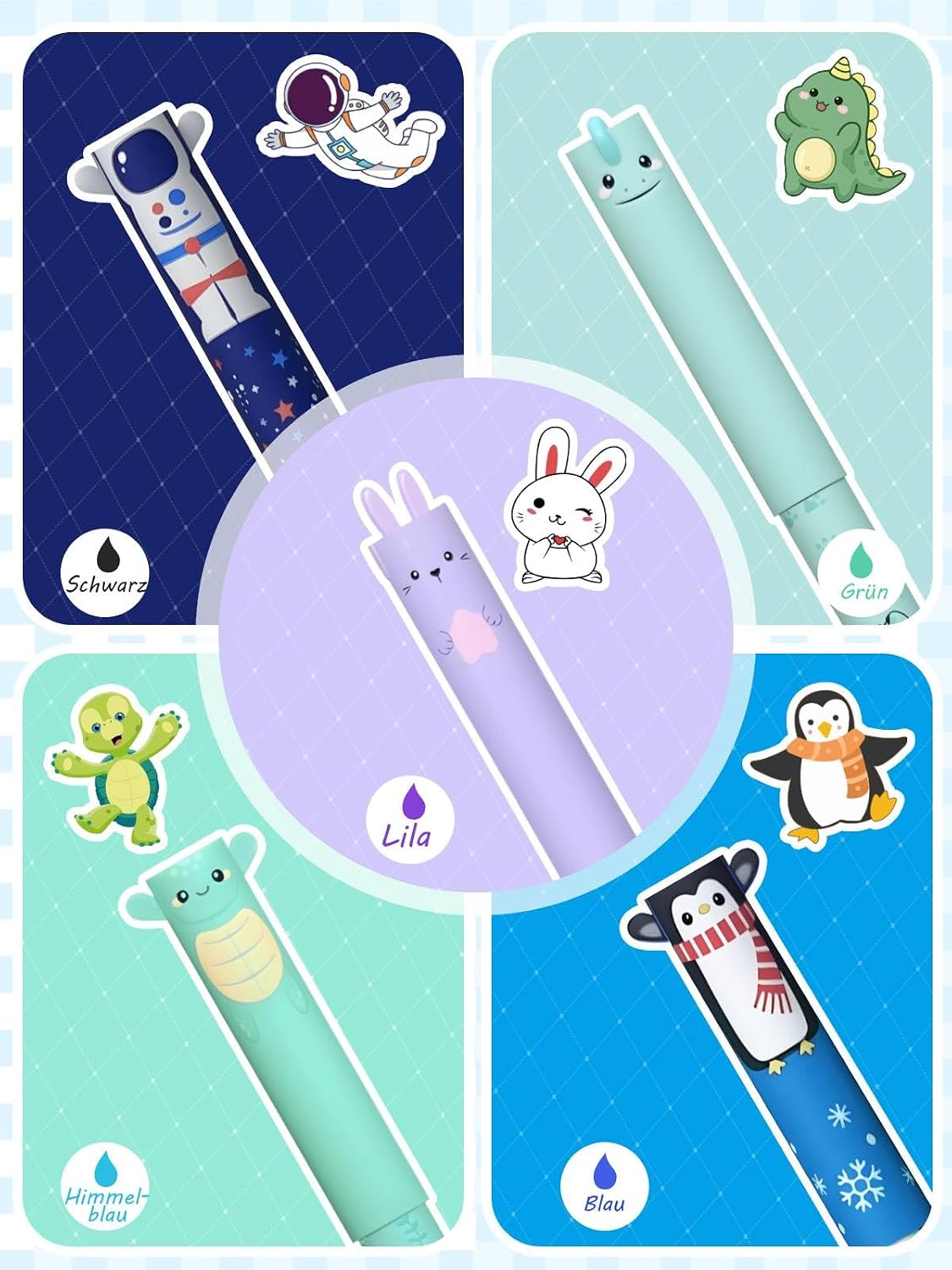 Erasable Gel Pens Set of 5 With Cute Animal & Astronaut