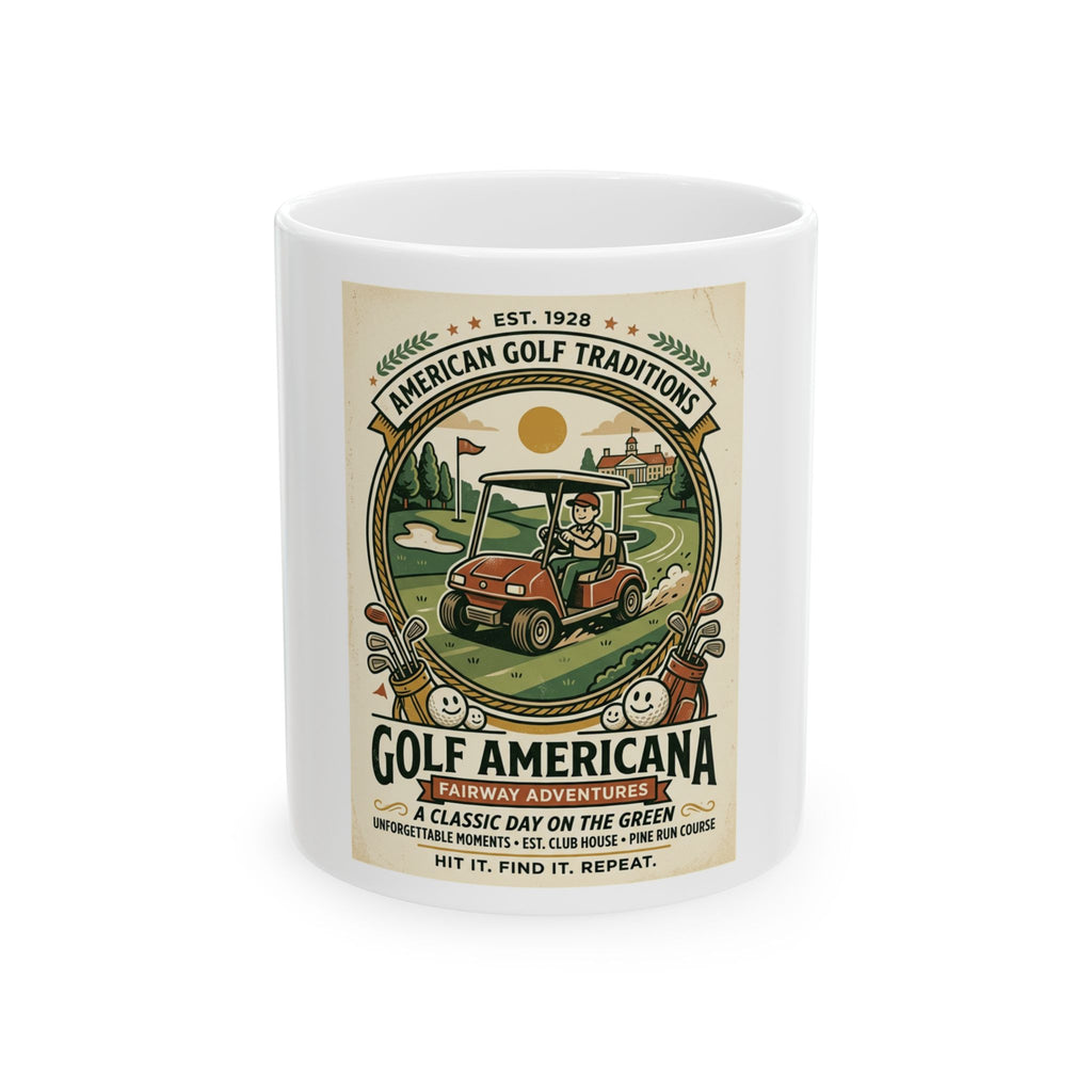Golf Americana Ceramic Mug — 'Golf Americana' Vintage Golf Cart Design (11oz, 15oz)