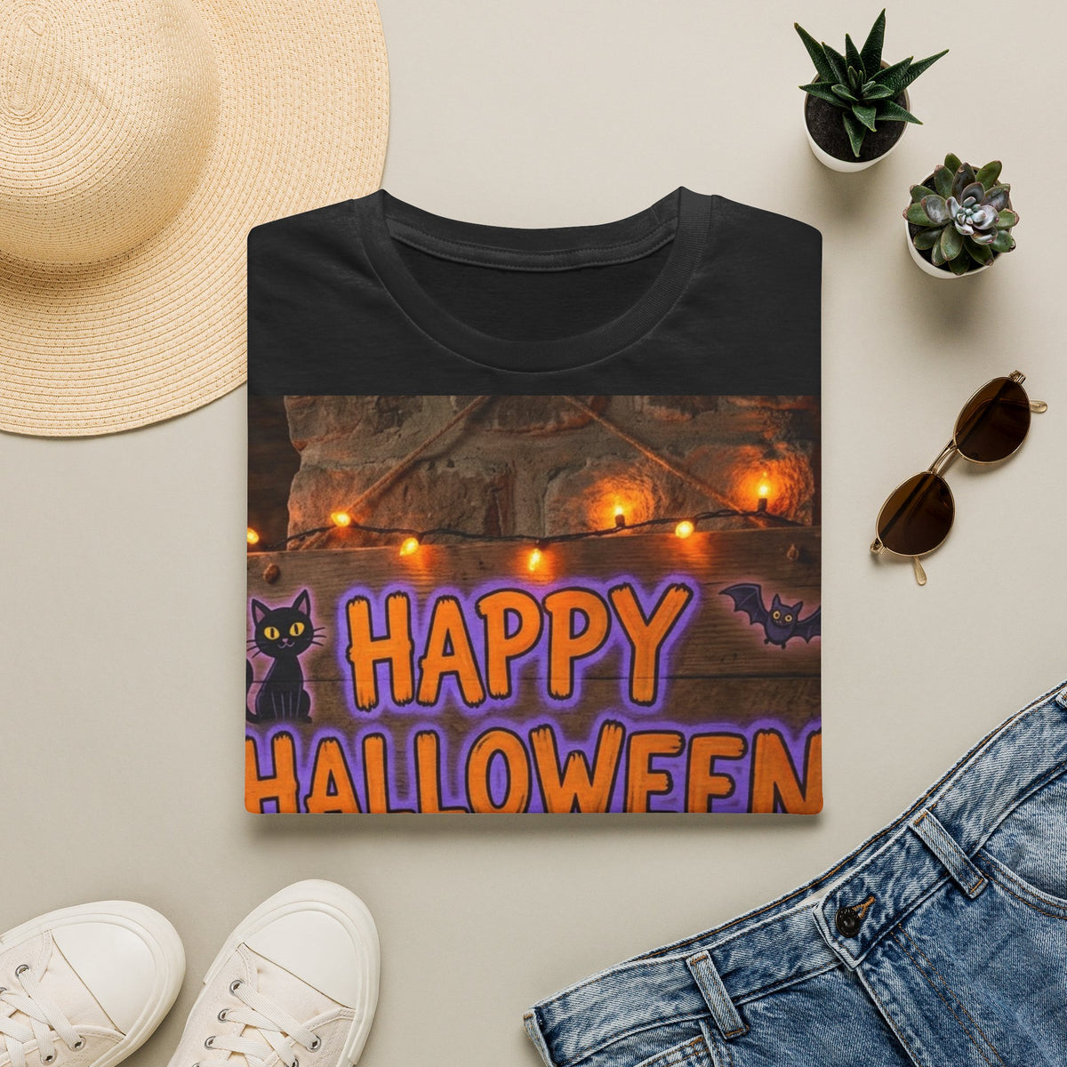 Halloween Graphic T-Shirt — "Happy Halloween" Pumpkin & Cat Design